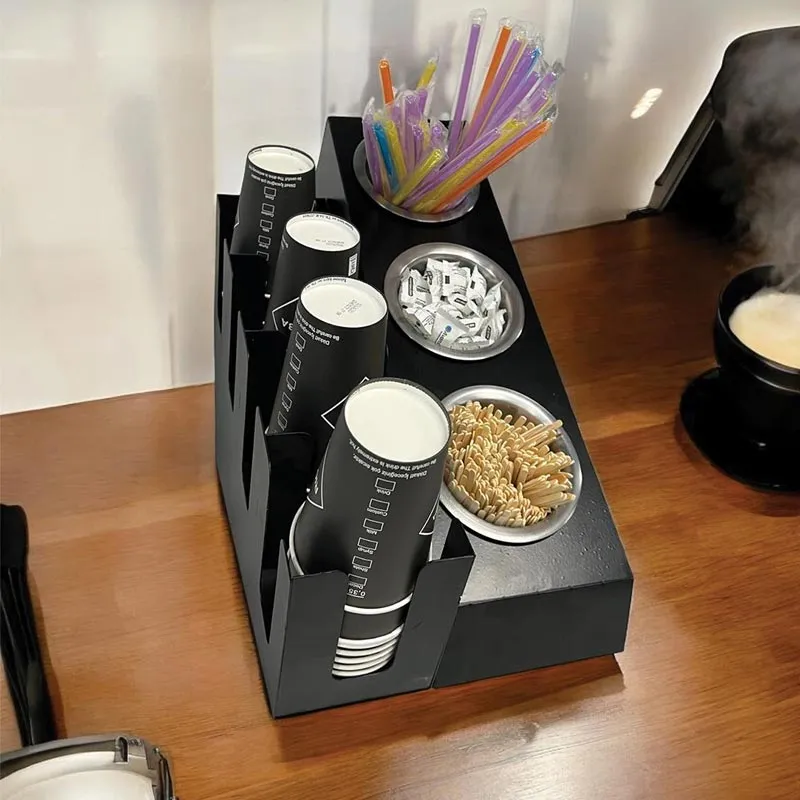 Cafemarkt 4 Bölmeli 16 Oz Karton Bardak 3 Gözlü Pipet Karıştırıcı ve Şeker Standı, Siyah